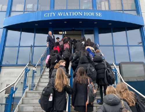 Femal Year 9 students on a STEM trip to City Airport