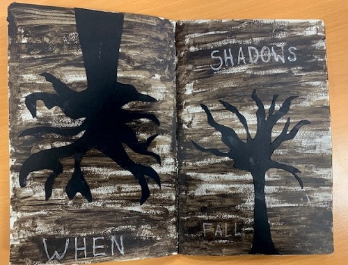 Esme's work in her journal Esme's version of When Shadows Fall Book Cover